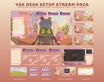 Paquete de transmisión retro animada y2k, superposición de Twitch, lindo paquete de transmisión rosa, superposición de Twitch retro, acogedor fondo vintage animado, Twitch retro