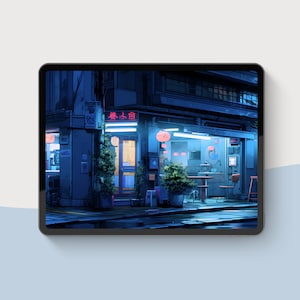 Pode incluir: Uma vista noturna de um pequeno restaurante com uma placa de n&eacute;on que diz "Restaurante" em japon&ecirc;s. O restaurante tem algumas mesas e cadeiras dispostas do lado de fora, e h&aacute; plantas em vasos na cal&ccedil;ada.
