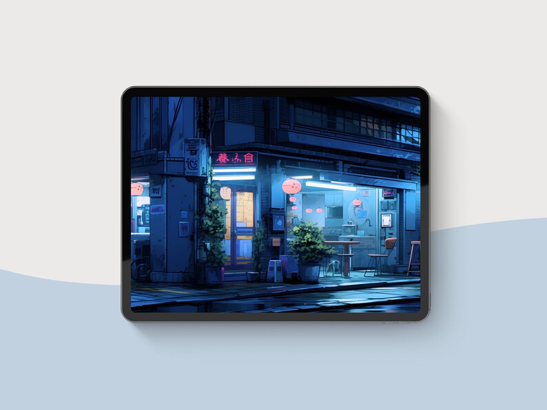 Pode incluir: Uma vista noturna de um pequeno restaurante com uma placa de n&eacute;on que diz "Restaurante" em japon&ecirc;s. O restaurante tem algumas mesas e cadeiras dispostas do lado de fora, e h&aacute; plantas em vasos na cal&ccedil;ada.