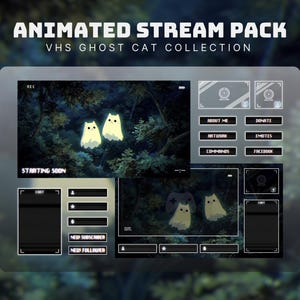 Könnte beinhalten: Animiertes Stream-Paket mit dem Thema VHS Ghost Cat Collection. Das Design zeigt eine geisterhafte Katzenanimation in einer Waldkulisse mit verschiedenen Overlay-Elementen für Streaming-Plattformen. Text: "Animated Stream Pack", "VHS Ghost Cat Collection", "Starting Soon".