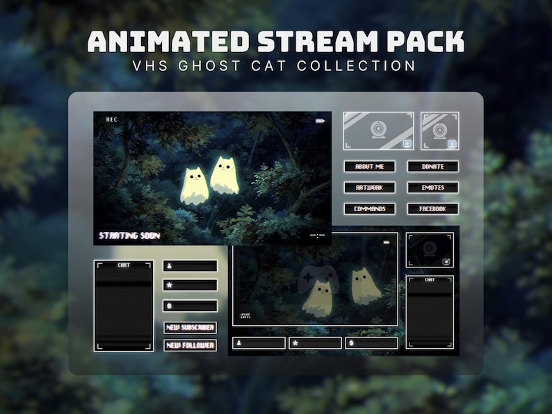 May include: Animated stream pack with a VHS Ghost Cat Collection theme. The design features a ghostly cat animation in a forest setting, with various overlay elements for streaming platforms. Includes text: "Animated Stream Pack", "VHS Ghost Cat Collection", "Starting Soon".