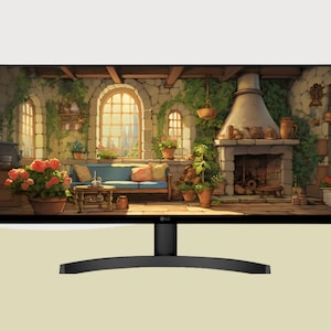 May include: A black computer monitor with a curved stand displays a cartoon image of a cozy living room with a fireplace, a couch, and plants. The image is set in a stone building with large windows.