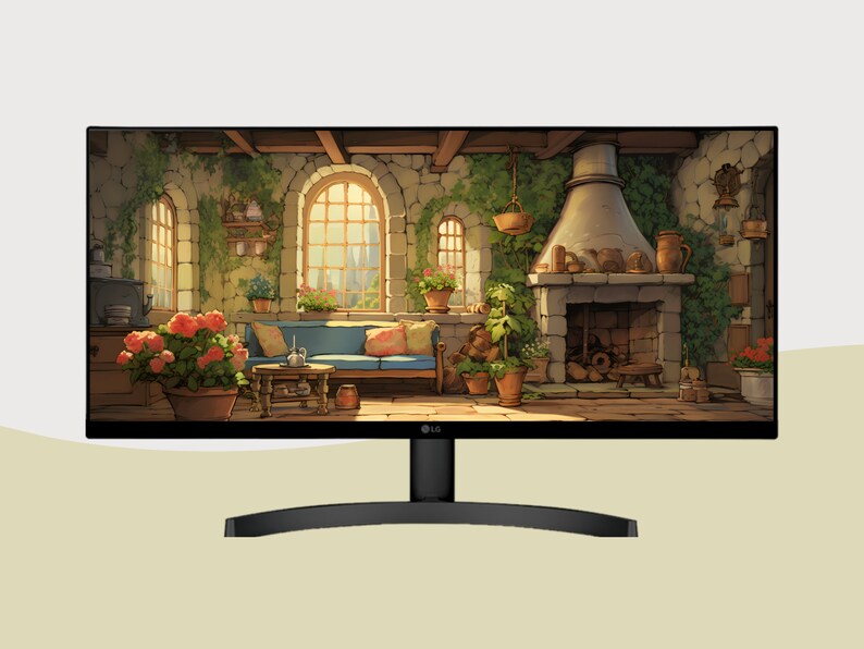 May include: A black computer monitor with a curved stand displays a cartoon image of a cozy living room with a fireplace, a couch, and plants. The image is set in a stone building with large windows.