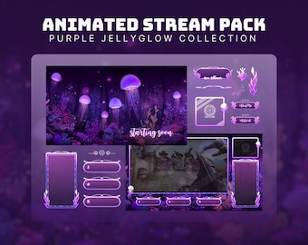 cute twitch overlay pack purple stream screens glowing jellyfish animated twitch overlay cozy stream package underwater twitch package obs
