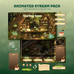 May include: Animated stream pack titled Cozy Alchemist Collection featuring a forest-themed overlay with shelves of glowing potions, books, mushrooms, and crystals. Includes chat boxes, webcam frames, and labels for new subscribers and about me sections.