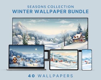 May include: A collection of 40 winter-themed wallpapers featuring a snowy village with houses, trees, and a church. The wallpapers are shown on a variety of devices, including a TV, laptop, tablet, and phone.