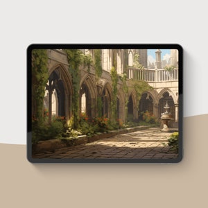 May include: A digital art print displayed on a tablet, depicting a sunlit courtyard with arched walkways, lush greenery, and a fountain. The artwork features a palette of beige, green, and stone colors, evoking a sense of tranquility and historical architecture.
