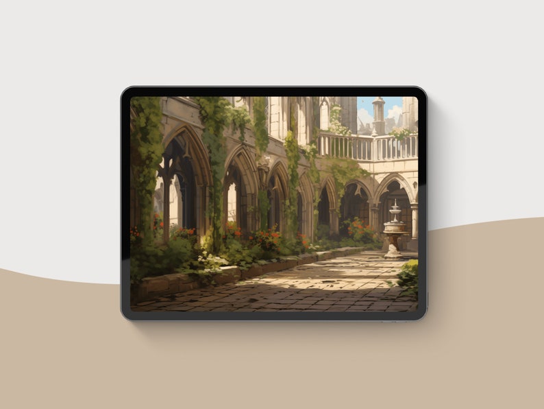 May include: A digital art print displayed on a tablet, depicting a sunlit courtyard with arched walkways, lush greenery, and a fountain. The artwork features a palette of beige, green, and stone colors, evoking a sense of tranquility and historical architecture.