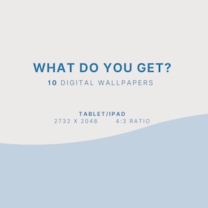 Pode incluir: Um gr&aacute;fico azul claro e branco com o texto "WHAT DO YOU GET?" e "10 DIGITAL WALLPAPERS". Abaixo do texto est&aacute; o texto "TABLET/IPAD" com as dimens&otilde;es "2732 X 2048" e "4:3 RATIO".