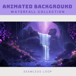 May include: Animated background featuring a purple waterfall cascading down a rocky cliff face. The scene is illuminated by a soft, purple glow, creating a magical and ethereal atmosphere. The background is perfect for use in video games, presentations, or other creative projects.