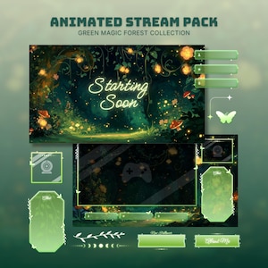 Könnte beinhalten: Ein animiertes Stream-Paket mit dem Titel Green Magic Forest Collection, das einen Starting Soon-Bildschirm mit leuchtendem Text, verschiedene grüne Overlay-Rahmen, Webcam-Umrandungen und dekorative Elemente wie einen Schmetterling enthält.