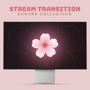 Può includere: Un monitor di computer che mostra un fiore di ciliegio rosa su uno sfondo scuro con il testo "STREAM TRANSITION SAKURA COLLECTION".