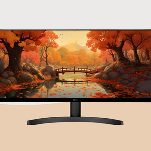 May include: A black curved monitor with a thin bezel displaying a digital image of a forest scene with a bridge over a stream. The image shows a variety of trees with orange, red, and yellow leaves. The monitor is on a black stand.