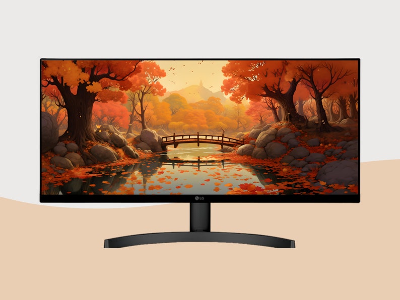 May include: A black curved monitor with a thin bezel displaying a digital image of a forest scene with a bridge over a stream. The image shows a variety of trees with orange, red, and yellow leaves. The monitor is on a black stand.
