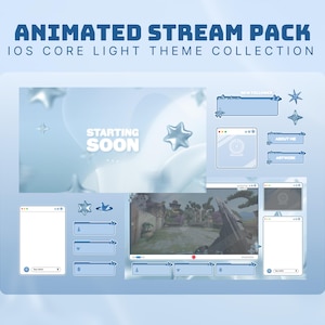 Może przedstawiać: Animowany pakiet stream z jasnoniebieskim motywem iOS. Projekt zawiera animowane nakładki, ekran "Starting Soon" i różne widżety do streamowania. Ogólna estetyka jest czysta i nowoczesna, z akcentami gwiazd i bąbelków.