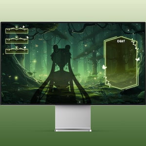 May include: A green and black digital background with a silhouette of a person with long hair in the center. The background features a forest scene with glowing lights and butterflies. The text "CHAT" is displayed in a white box with a green border.
