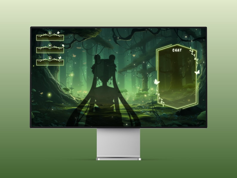 May include: A green and black digital background with a silhouette of a person with long hair in the center. The background features a forest scene with glowing lights and butterflies. The text "CHAT" is displayed in a white box with a green border.