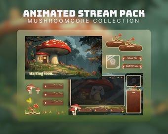 May include: Animated stream pack with a mushroomcore theme. The pack includes a variety of animated elements, such as a mushroom house, a mushroom with a red cap, and a mushroom with a green cap. The pack also includes a chat box, a "starting soon..." banner, and a "Hall of Fame" banner.