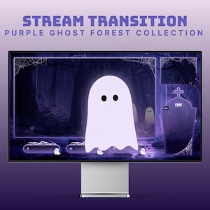 Op de afbeelding: Een computermonitor toont een paarse stream overlay met een spook- en bosontwerp. Tekst luidt "STREAM TRANSITION PURPLE GHOST FOREST COLLECTION". Het ontwerp bevat een grafsteen en spinnenwebben.