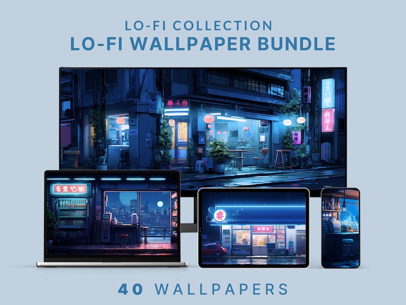 May include: A collection of 40 digital wallpapers featuring a Japanese street scene at night with neon signs and a moon in the sky. The wallpapers are available in different sizes for desktop, laptop, tablet, and phone.