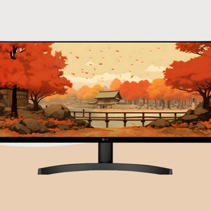 May include: A black computer monitor with a thin bezel displaying a digital illustration of a Japanese village scene with a lake, a wooden bridge, and trees with red and orange leaves.