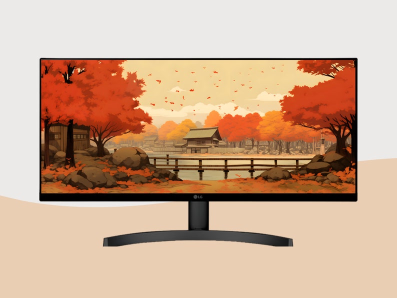 May include: A black computer monitor with a thin bezel displaying a digital illustration of a Japanese village scene with a lake, a wooden bridge, and trees with red and orange leaves.