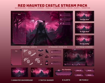 May include: A digital art pack titled "Red Haunted Castle Stream Pack" with backgrounds, overlays, banners, panels, stream screens, decor, alerts, and transitions. The color palette is primarily shades of red and black, featuring a haunted castle theme.