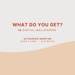 May include: A digital illustration of a peach-colored wave with the text "WHAT DO YOU GET?" in red. Below the text is "10 DIGITAL WALLPAPERS" in red. Below that is "ULTRAWIDE MONITOR" in red, followed by "3440 X 1440" and "21:9 RATIO" in red.