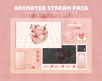 Lindo paquete de transmisión de color rosa, lazo, superposición de Twitch, pantalla de transmisión de coqueta de Vtuber, cinta de transmisión de Twitch rosa estética, paquete de Twitch, superposición de coqueta