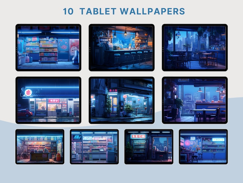 May include: Ten digital illustrations of various scenes in a Japanese city at night. The scenes include a convenience store, a bar, and a cafe. The illustrations are in a cartoon style and feature bright neon lights and a dark blue color palette.