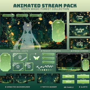 May include: An animated stream pack titled Green Magic Forest Collection featuring various digital assets. Includes four stream screens with text, four premade overlays, individual assets, animated backgrounds, a banner, panels, and alerts in green.