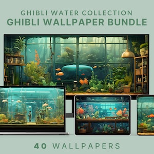 Könnte beinhalten: Eine digitale Illustration einer Sammlung von 40 Ghibli-tauglichen Hintergrundbildern mit verschiedenen Unterwasserszenen mit Fischen, Pflanzen und anderen Wasserlebewesen. Das Bild zeigt die Hintergrundbilder auf verschiedenen Geräten, darunter ein Desktop-Computer, ein Laptop, ein Tablet und ein Smartphone.