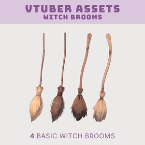 May include: Four different styles of witch brooms with brown wooden handles and straw-like bristles. The brooms are arranged in a row against a white background.  The text "VTUBER ASSETS WITCH BROOMS" is at the top of the image and the text "4 BASIC WITCH BROOMS" is at the bottom of the image.