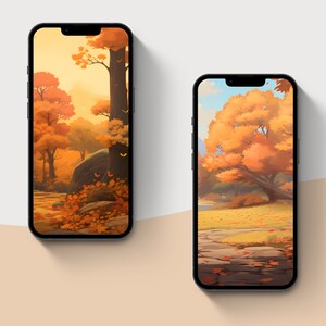 May include: Two phone screens displaying autumn-themed digital wallpapers. The first image shows a forest scene with a large tree and a rock in the foreground. The second image shows a single tree with orange leaves in a field.
