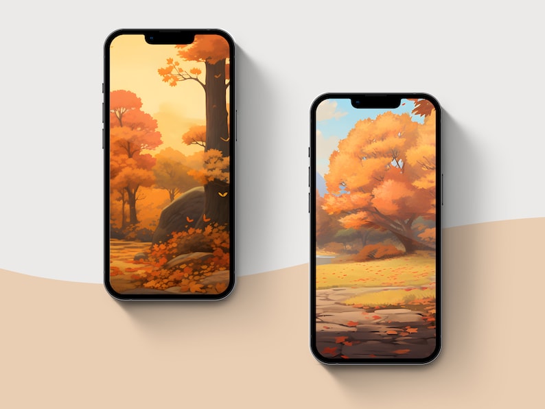 May include: Two phone screens displaying autumn-themed digital wallpapers. The first image shows a forest scene with a large tree and a rock in the foreground. The second image shows a single tree with orange leaves in a field.