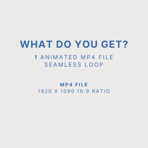 May include: Text that reads "WHAT DO YOU GET?" and "1 ANIMATED MP4 FILE SEAMLESS LOOP" in blue text. Below the text is "MP4 FILE" in blue text and "1920 X 1080 16:9 RATIO" in black text.