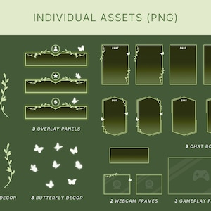 May include: A set of green and white digital overlay assets for streaming, including chat boxes, webcam frames, gameplay frames, and decorative elements like vines and butterflies. The text "INDIVIDUAL ASSETS (PNG)" is at the top of the image.