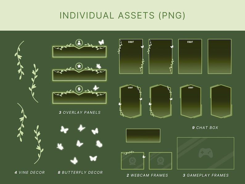 May include: A set of green and white digital overlay assets for streaming, including chat boxes, webcam frames, gameplay frames, and decorative elements like vines and butterflies. The text "INDIVIDUAL ASSETS (PNG)" is at the top of the image.