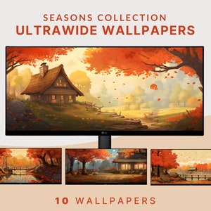 Ultra wide wallpaper autumn ultrawide wallpaper fall wallpaper studio ghibli inspired wallpaper anime aesthetic ultrawide wallpaper cute