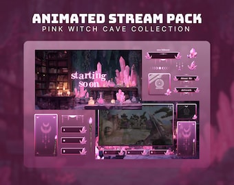 witch twitch overlay cozy witch room twitch package for streamers and vtubers pink animated background halloween pink stream package cave