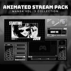 Peut inclure: Conception de pack de flux animé en noir et blanc avec le texte "Animated Stream Pack Manga Vol. 3 Collection". Le design comprend une illustration de style manga d'une femme portant des lunettes de soleil et divers éléments d'interface de streaming.