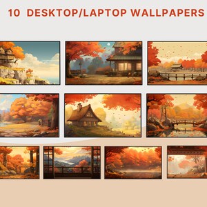 May include: Ten digital desktop or laptop wallpapers featuring autumnal scenes with colorful trees, houses, and bridges. The scenes are set in a forest with a lake or river in the background.