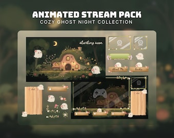 lindo paquete de transmisión de Halloween acogedor fantasma superposición de Twitch pantallas de transmisión animadas cottagecore paquete de Twitch bosque superposición de transmisión acogedora para obs