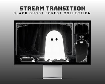 May include: A computer monitor displays a Halloween-themed stream overlay. The design features a white ghost, a forest backdrop, and the text "STREAM TRANSITION BLACK GHOST FOREST COLLECTION". Additional elements include a tombstone and chat box.