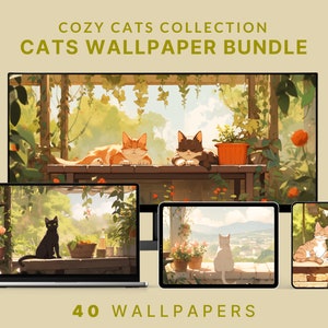 gemütliche Katzen Tapete niedliche Cottagecore Tapete kawaii Katze Tapete Katzenliebhaber Wallpaper Geschenk digital