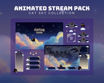 cute cat stream pack night sky animated stream screen vtuber overlay clouds twitch stream animated cat stinger black cat obs overlay vtuber