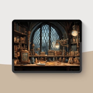 May include: Digital art print of a detailed, vintage-style study or workshop. The scene features a large arched window, bookshelves, scientific instruments, and a desk filled with books and tools. The color palette is warm, with browns, golds, and blues.