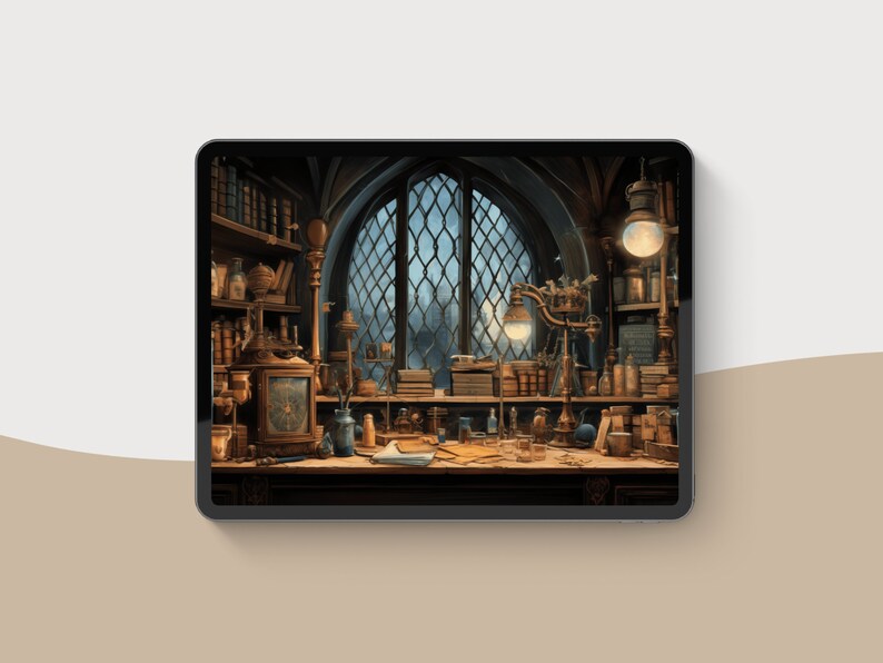 May include: Digital art print of a detailed, vintage-style study or workshop. The scene features a large arched window, bookshelves, scientific instruments, and a desk filled with books and tools. The color palette is warm, with browns, golds, and blues.