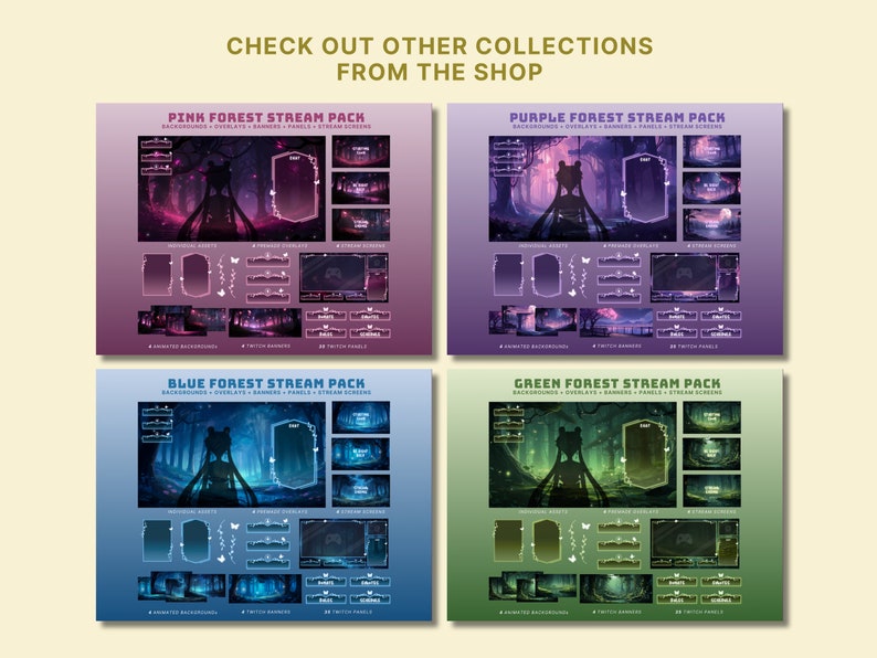 May include: Four different Twitch stream overlays featuring a forest scene with a girl in a purple dress. Each overlay is in a different color: pink, purple, blue, and green. The overlays include animated backgrounds, Twitch banners, and Twitch panels.