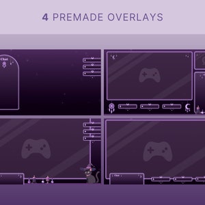 May include: Four purple and white Twitch stream overlays with a purple background and neon purple outlines. The overlays feature a game controller, a chat box, a webcam, and a dreamcatcher. The text "4 PREMADE OVERLAYS" is at the top of the image.